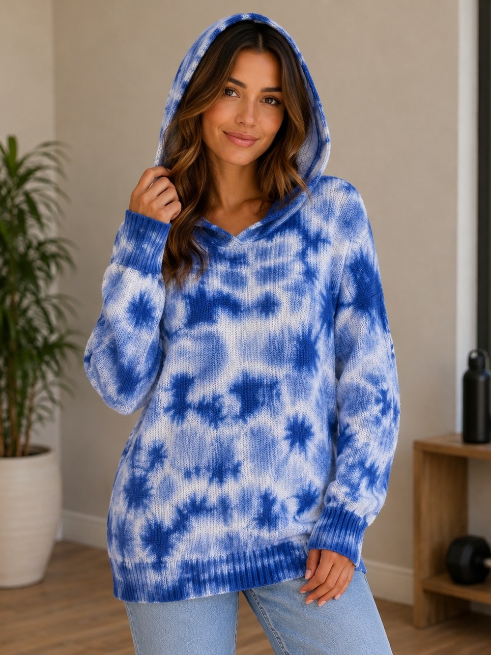 Derek Heart Blue Tie-Dye Hooded Knit Sweater